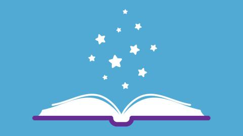 Illustration of open book with stars flying out
