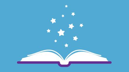 Illustration of open book with stars flying out