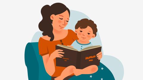 illustration of mother reading to young child on her lap