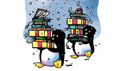 penguins carrying stack of books as gifts