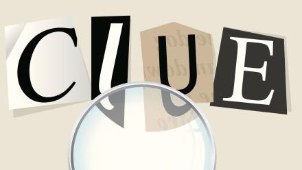 magnifying glass over the ransome-style letters for the word "clue"