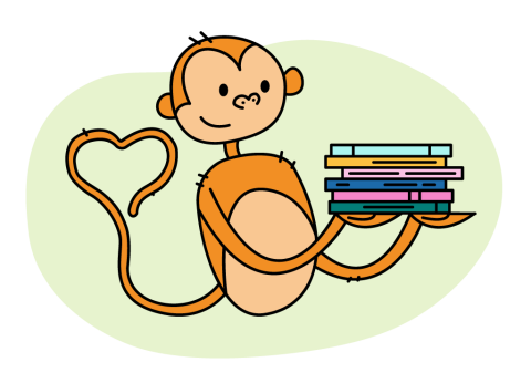 Illustration of a monkey holding a stack of picture books